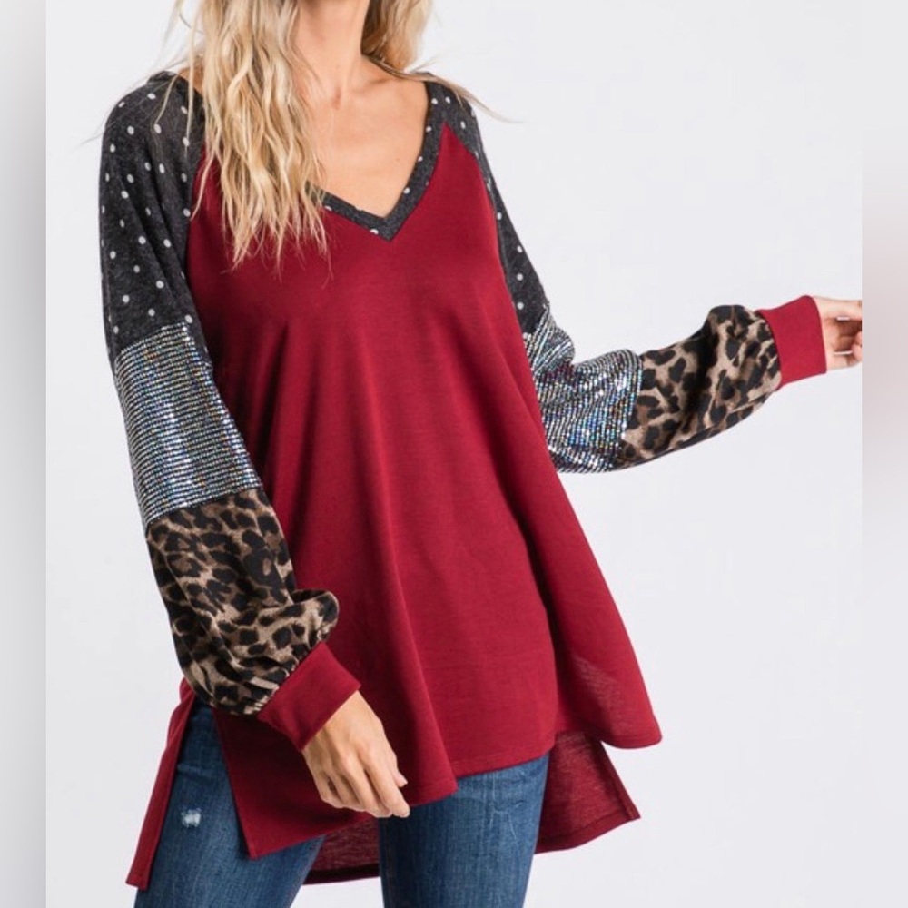 BiBi Red Color Block Leopard Sequin Sleeve Top